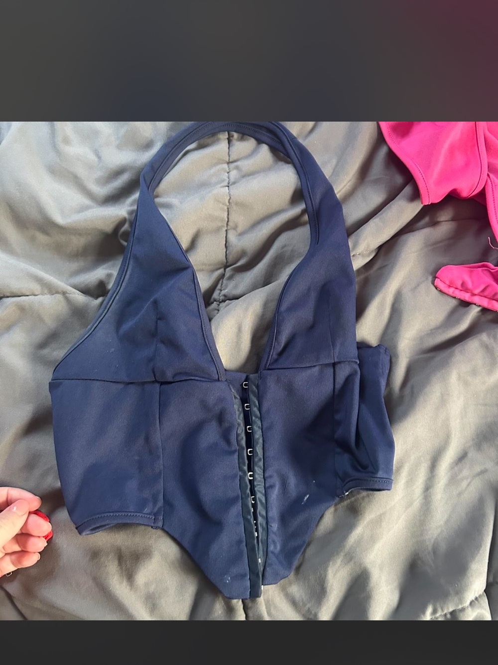 SHEIN Navy Blue Halter Crop Top with Front Hook Closure